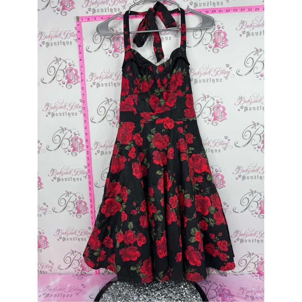 Hot Topic dress tutu Black Halter Midi Dress with Red Rose Print